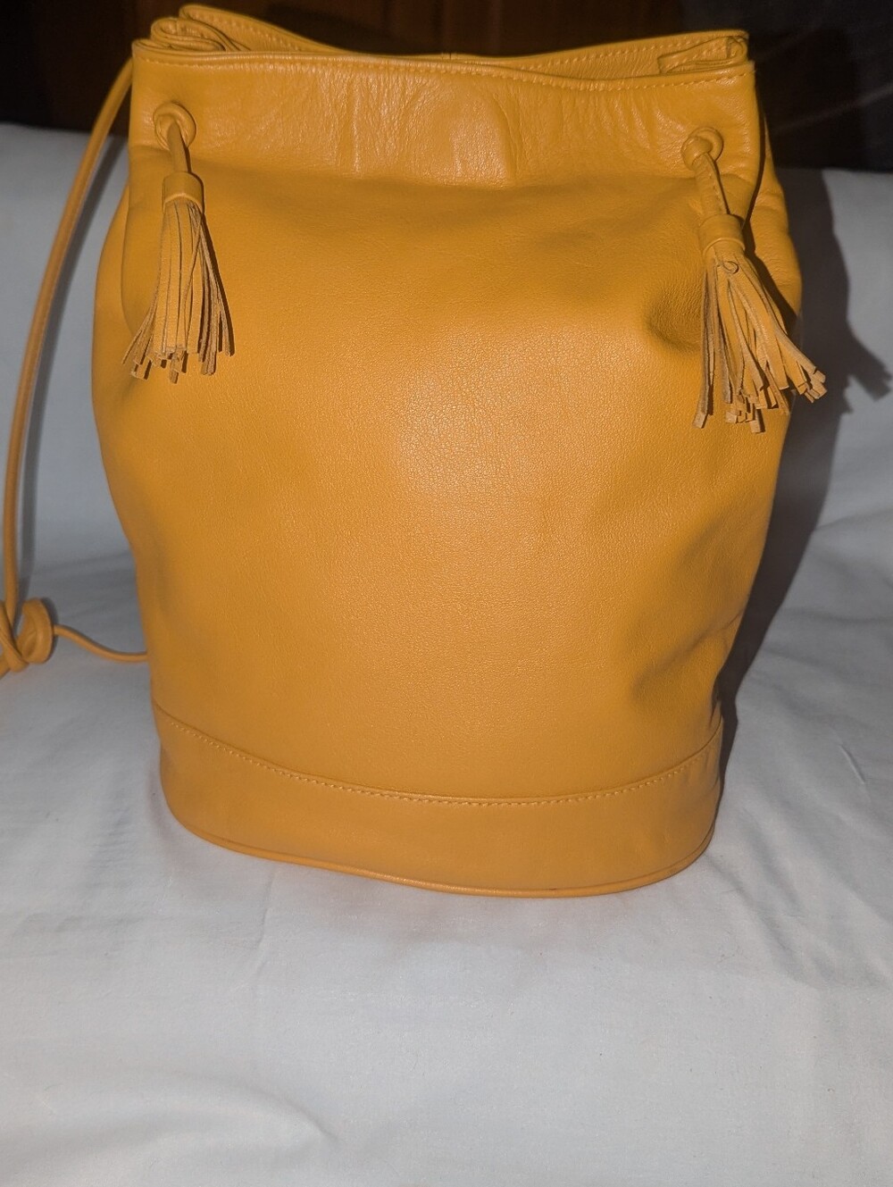 Vintage b.g.street Mustard Yellow Tassel Drawstring Bucket Bag Made In Korea